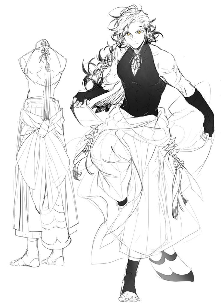this is a sketch of a male anime character with long white hair, and he is wearing a black top, white pants, and black shoes. he is standing in a dynamic pose and looking to the side. the sketch is very simple and done in black and white, with some shading on the character's hair. there is also a sketch of a woman in the background. she is standing and wearing a long white dress and her hair is pulled back.  the sketch is very simple.