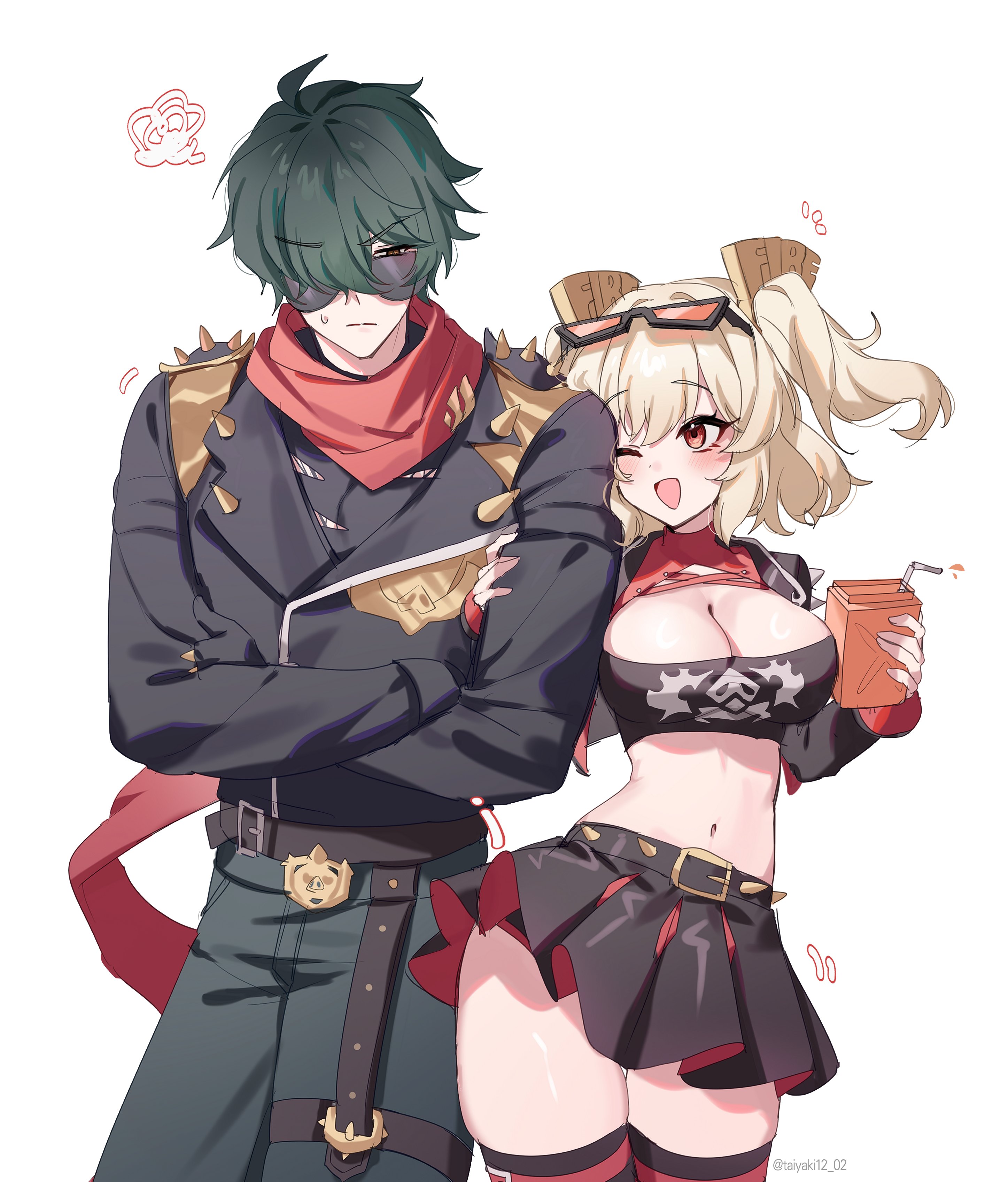 the illustration is a digital fanart depicting a seemingly romantic couple. the female character, with blonde hair styled in pigtails and wearing a revealing outfit consisting of a short black skirt, a red crop top, and thighhigh socks, has a juice box in her hand. she is playfully embracing a male character who has green hair and an eyepatch, dressed in darker, more modest clothing including a red scarf.  the male character appears slightly annoyed or exasperated, while the female character beams with happiness. the style of the art is animeinspired, with vibrant colors and smooth linework. the background is plain white, drawing focus to the characters themselves. the overall aesthetic is cute and slightly suggestive.