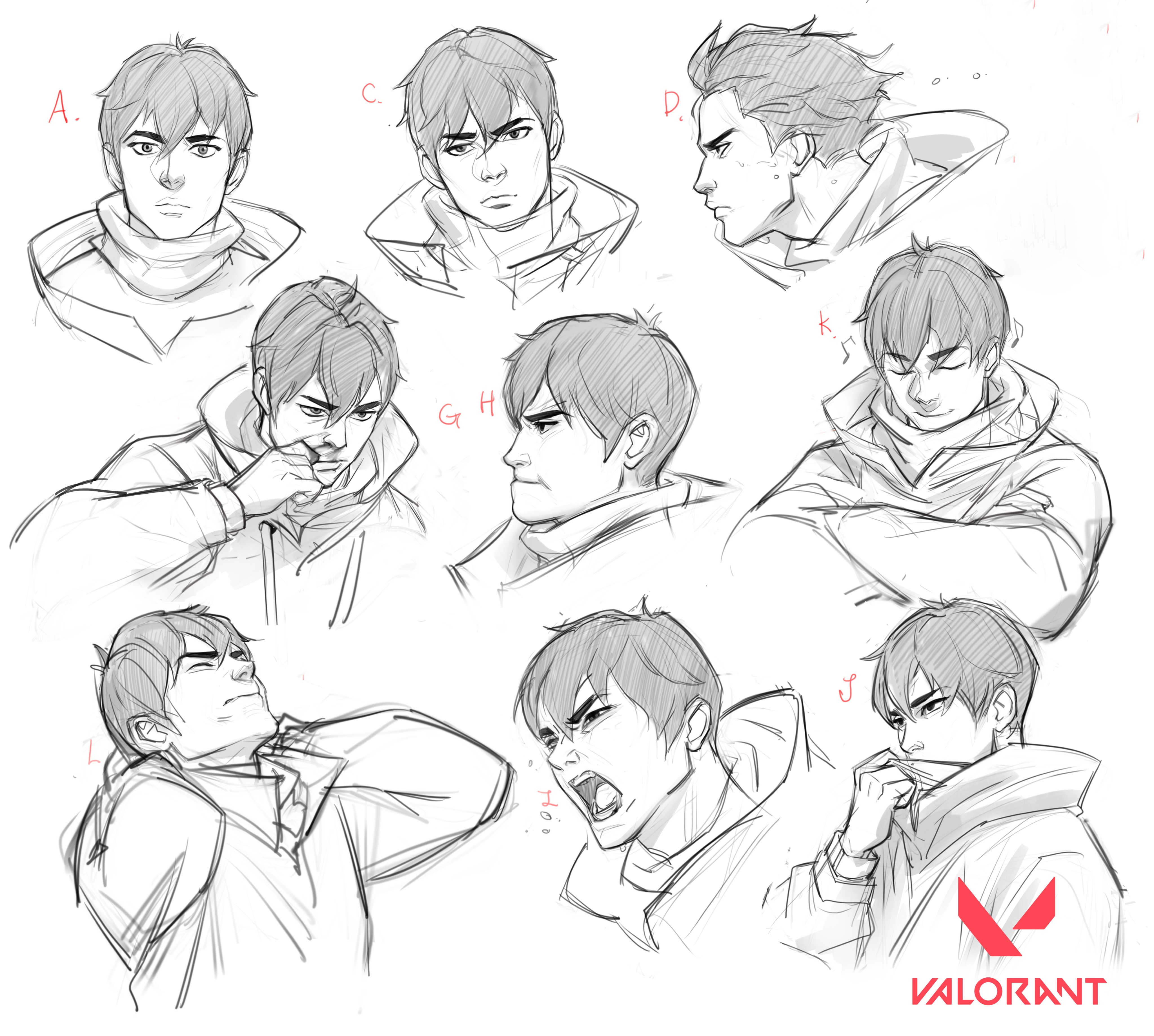 this image contains multiple pencil sketches of a male character, likely for a video game. the sketches showcase various facial expressions and poses, from neutral to angry, and in different angles.  each sketch is labeled with a letter. the style is consistent with concept art for animation or video games, with emphasis on conveying emotion and personality. the valorant logo is present at the bottom right.