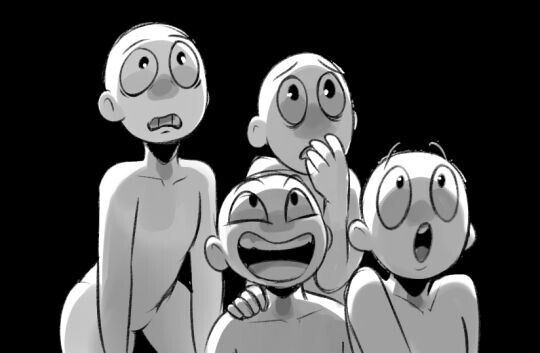 a black and white sketch of 4 cartoon characters in different expressions. the characters are drawn in a simple style and their expressions are exaggerated. the characters are looking up at something off screen. they are standing in a group, together. the characters are drawn in a casual, loose style and have an informal quality. the expressions range from scared to surprised and happy. the one in the center is smiling, whereas the others are looking up in fear, their eyes wide and mouths open. their expressions indicate they are witnessing or experiencing something unexpected or surprising. the picture is drawn in a simplistic, yet expressive style that emphasizes the characters’ emotions and the unique personality of each character.