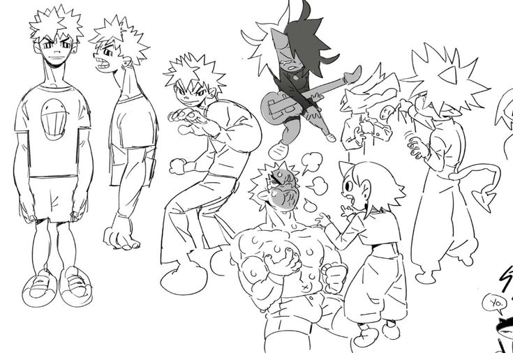 this is a black and white digital illustration of a group of cartoon characters. some are boys and some are girls. one boy in the center has his shirt off and is posing with his muscles flexed. the character on the left has a blue circle on his chest and looks to be frowning. there is a boy in the top left corner and a girl on his right, they both look like they are in some kind of band or dance crew. in the top center there is a girl with horns and a devil tail who is playing a guitar. the bottom right has a devil with horns and a tail as well.