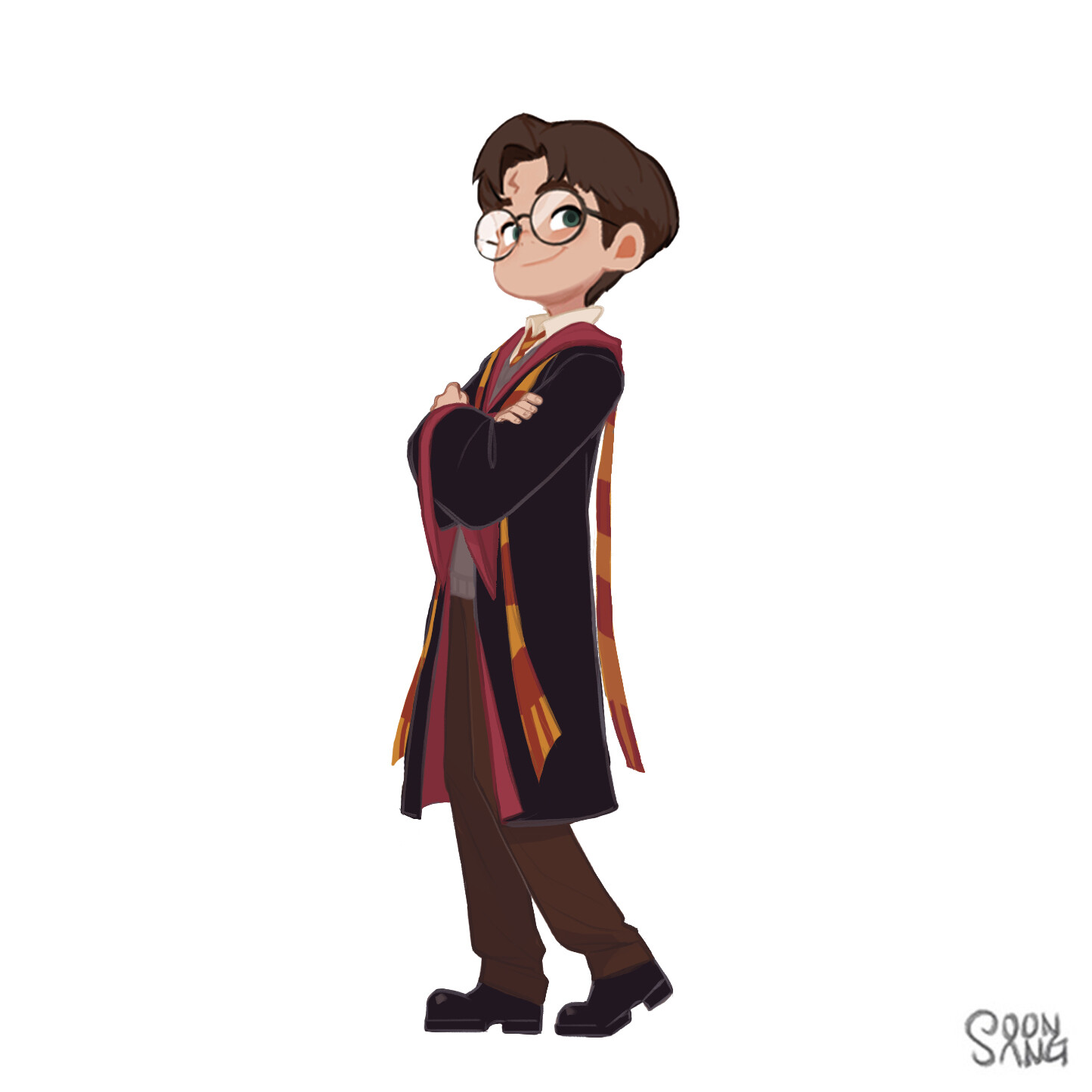 this is a digital illustration of a young harry potter. he's standing with his arms crossed, wearing his hogwarts uniform including his gryffindor scarf. he has a confident smirk on his face. the style is cartoonlike with simplified features and bright colors.  the background is plain white.