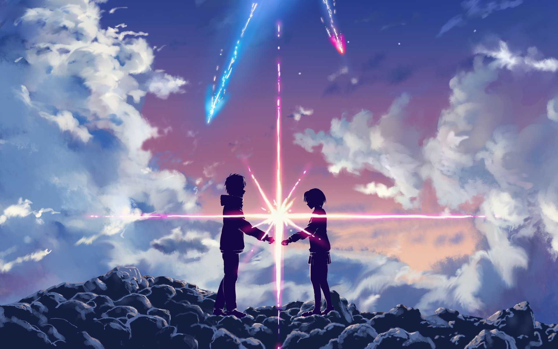 the image depicts a romantic scene between two silhouetted figures, a boy and a girl, standing on a rocky mountaintop. they are reaching out to touch hands, their fingers almost meeting in the center of a brilliant starburst. multiple streaks of light, likely meteors, blaze across the vibrant twilight sky. the scene is bathed in a warm, magical light, creating a sense of wonder and awe. the overall composition and elements strongly suggest a connection to the popular anime film "your name."