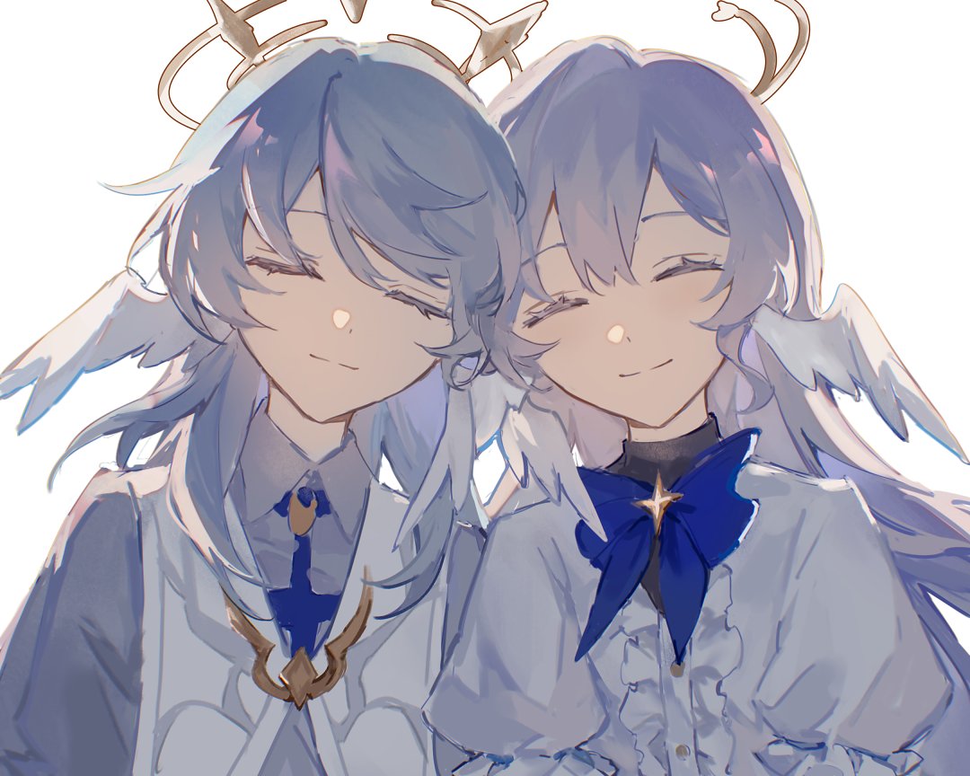 two anime girls with white hair and blue eyes are standing close together. they are both smiling and look like they are happy. they are wearing white dresses with angel wings. the girl on the left has a blue bow tie and the girl on the right has a blue bow. the background is white.