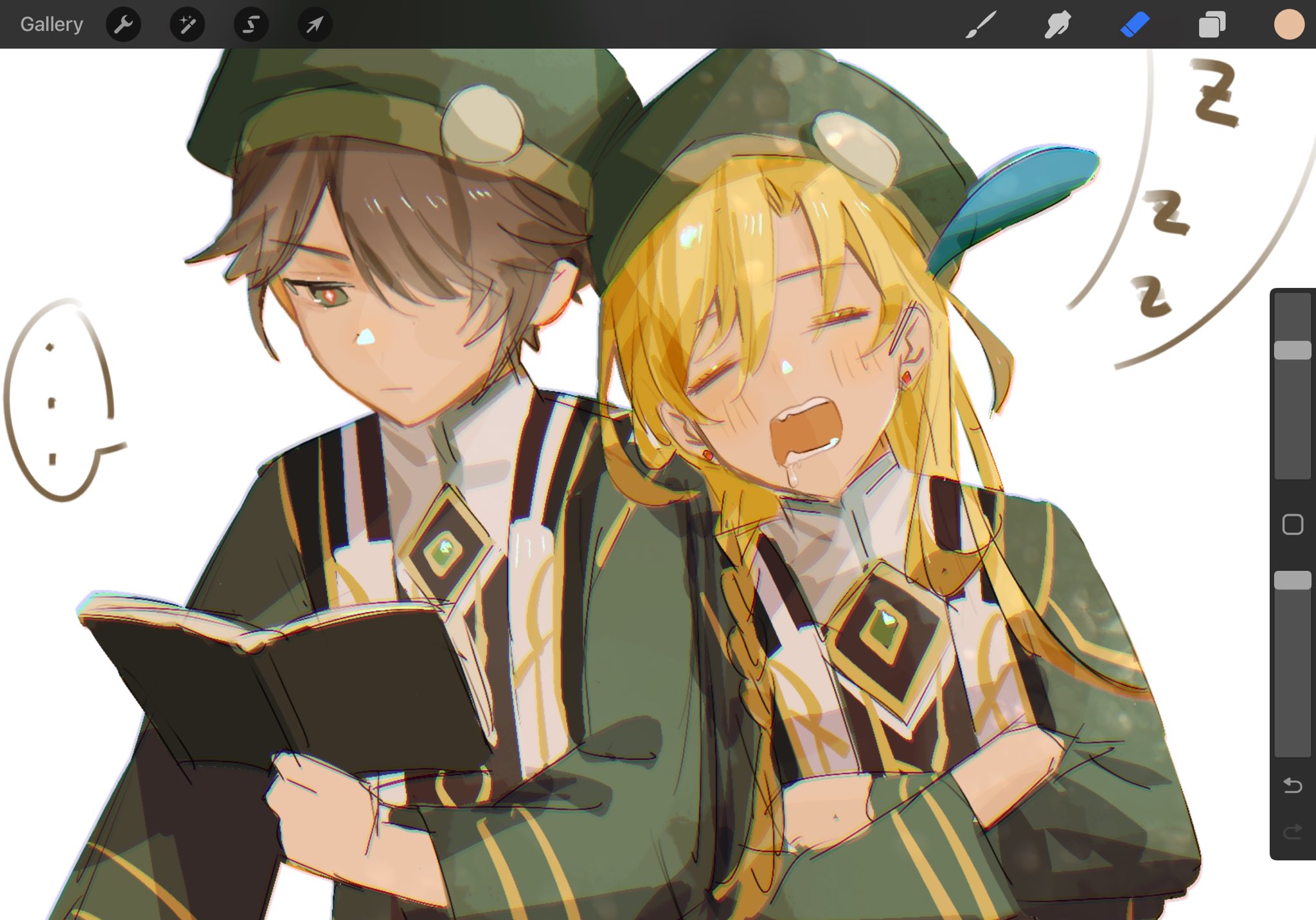 an illustration of two anime characters. the boy is reading a book to the girl who is falling asleep. she is wearing a green and gold school uniform and has her arms folded and resting on her chest. the boy is also in a green and gold school uniform and is holding a book. he has his hands resting on the book. they are both happy and loving. the background is white. the girl is yawning with her eyes closed.