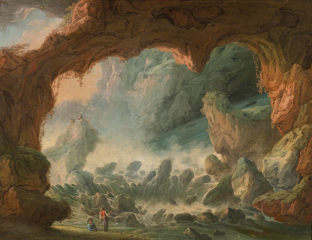 the image is a painting depicting a dramatic landscape. a large, natural arch or cave opening frames the scene. inside the arch, there's a turbulent body of water flowing through a rocky landscape with various sized rocks and cascading waterfalls. there are figures standing near the water's edge. further in the distance, more figures can be seen atop a high rock formation. the background features mistcovered mountains. the rock formations around the arch and throughout the landscape are textured and varied. vegetation grows on the sides of the arch and on the cliffs.