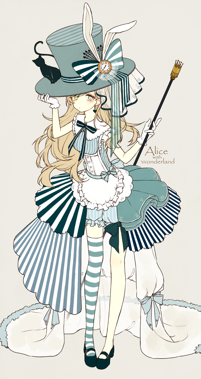 a young woman with long blonde hair wearing an elaborate blue and white alice in wonderland themed dress stands facing forward and looking slightly to the left. she holds a black top hat with a playing card suite pattern on her head with her right hand. a white glove covers her hand and extends past her wrist. the top hat has a large white bow with a clock in the center on the front and large black bunny ears sticking straight up at the back. a small black cheshire cat sits on the brim of the hat. a long, thin wand with a gold top is in her left hand, which is also covered by a white glove. her dress is white with blue stripes on the skirt and a blue and white checkered section under the bust. the top is a corset style with a white apron over a blue and white ruffled skirt. she is wearing thighhigh white stockings with black stripes and black shoes with buckles on the front. a signature reading "alice in wonderland" is written vertically on the right side of the image. the background is a plain beige.