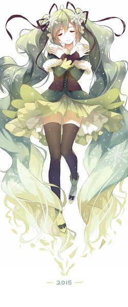 a cute anime girl with long green hair wearing a green dress and white bow on her head. she has her arms crossed and her eyes are closed. she is surrounded by green and white snowflakes. she is standing on a cloud and has a white background. the image is very cute and whimsical.