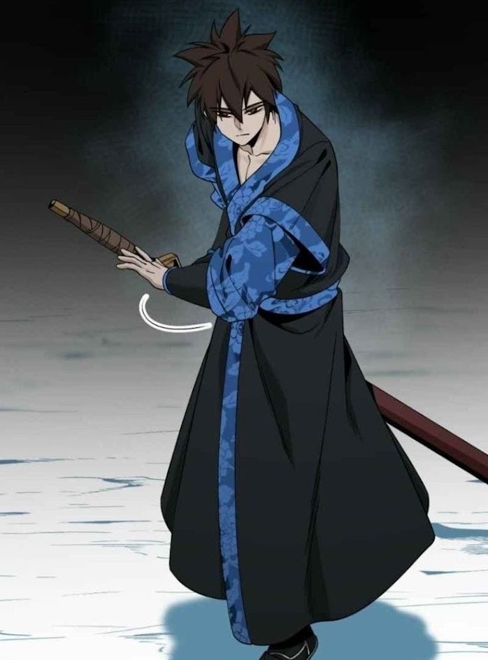 the image is an animestyle illustration of a young male character in a black robe with blue trim. he is holding a katana sword in his right hand and looking intensely at something offpanel.  the image is set against a background of white and gray. the character is in a fighting pose, suggesting that he is engaged in a battle.