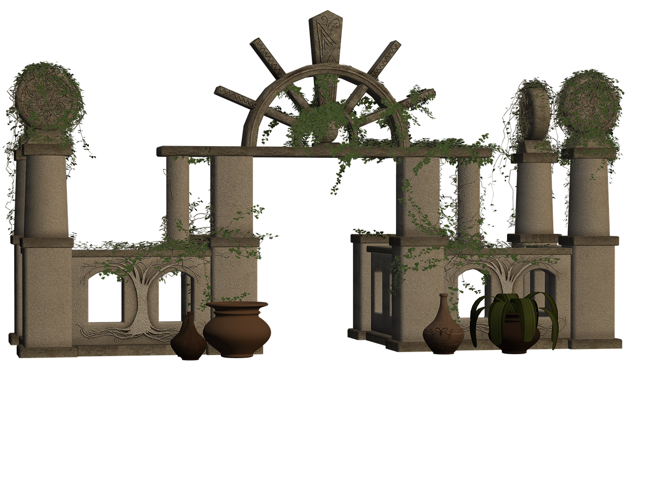 the image shows an archway constructed from weathered stone. the archway features columns and is overgrown with vines. several clay pots are arranged at the base. the overall impression is one of decay and antiquity.