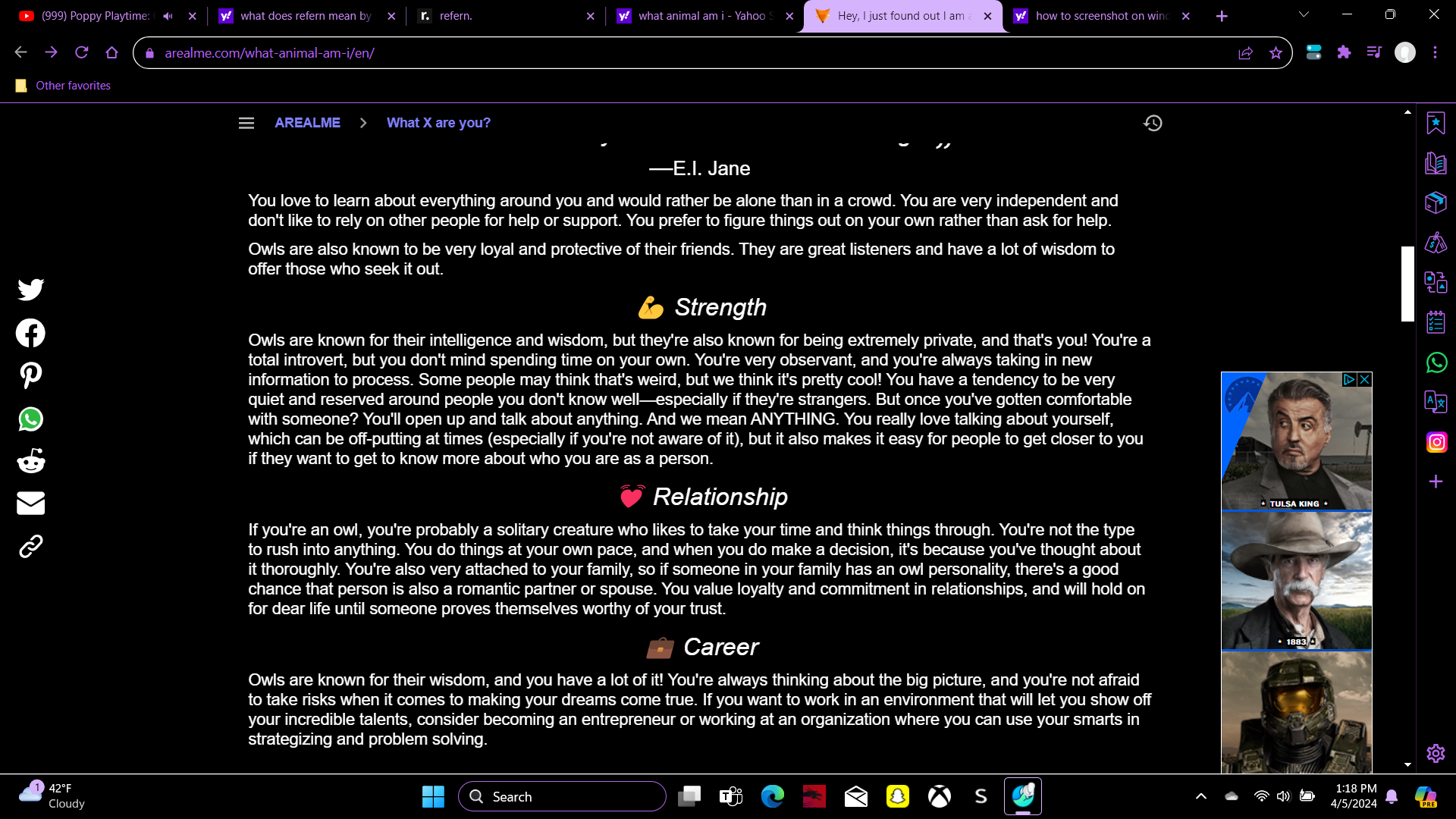 a screenshot of a website displaying the results of a "what animal are you?" personality test. the results indicate that the user is an "owl," and the text describes the personality traits associated with owls, such as being independent, introverted, observant, and wise.  the website uses a dark theme with light gray text.