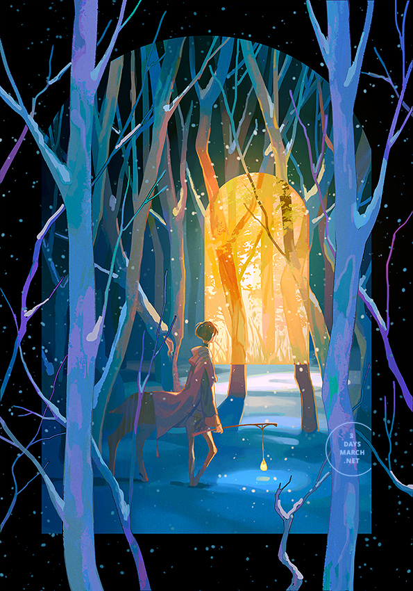 the image shows a young person with flowing brown hair, wearing a long reddishpink cape, riding a centaur deeper into a snowy forest. they are framed by a natural archway formed by the snowladen branches of dark, silhouetted trees. the scene is bathed in the cool blue glow of a winter night, with the faint sparkle of snow falling.  the centaur is a deep blue, almost merging with the shadows of the trees.  a single lantern, emitting a warm yellow glow, hangs from the centaur’s back, illuminating the snow beneath them.  in the distance, through the trees, a wash of warm yellow light suggests a break in the forest or perhaps a sunrise.  this contrasting warm light creates a sense of depth and mystery, beckoning the viewer to follow the pair deeper into the woods.