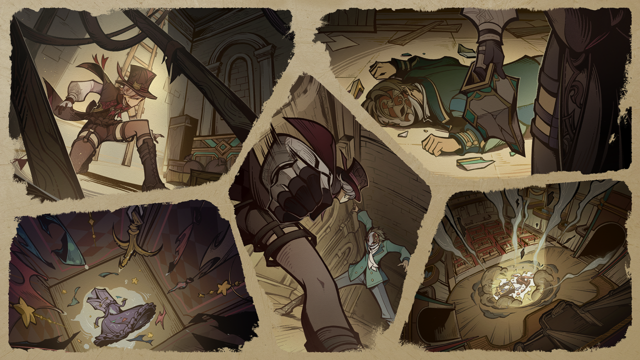 this is a comic illustration. there are six panels. the first panel is about a thief who is running away with a bunch of books. the second panel shows a fight scene with two masked characters. the third panel shows an explosion scene in a library. the fourth panel shows the thief hiding in a room. the fifth panel shows a man running away with a bunch of books. the sixth panel shows a man lying dead in a room. the panels are connected together in a way that shows the story of the thief and the fight.