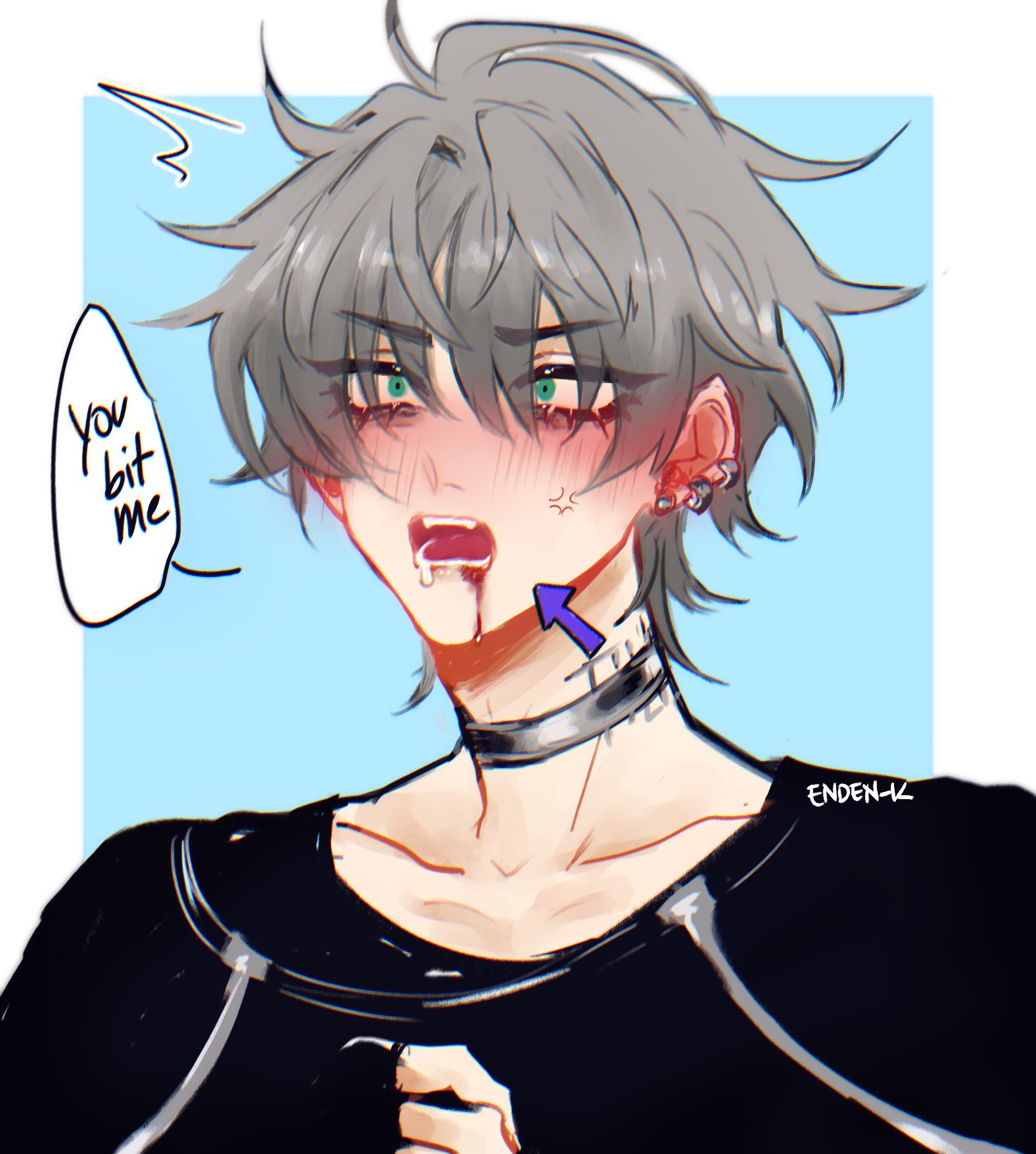 this is a digital illustration of a young anime boy with grey hair. he is wearing a black choker and has blood dripping from his mouth.  he is looking to the left with a surprised expression on his face. there is a speech bubble above his head that says "you bit me".  the background is a light blue color.