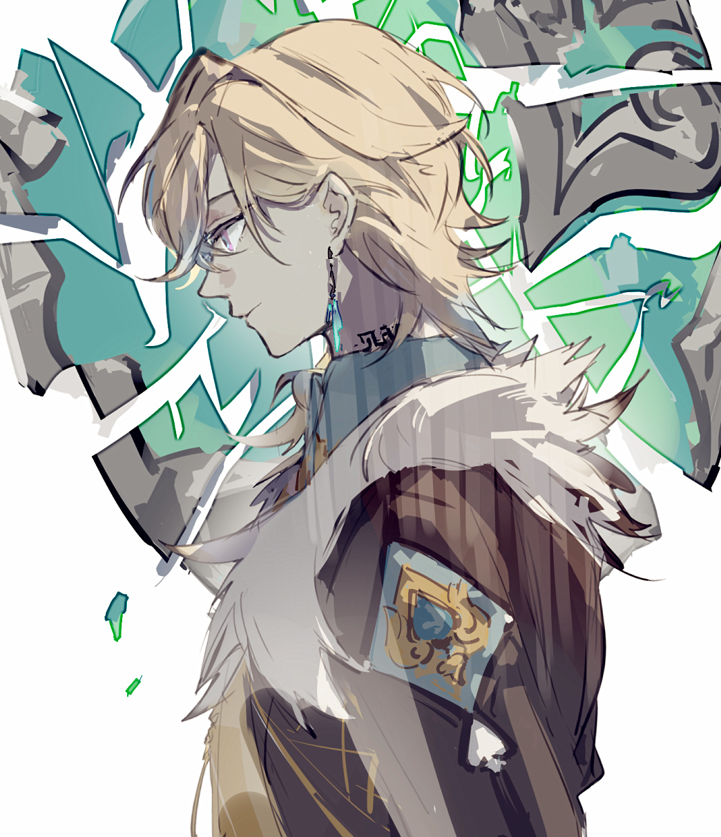 the image is a digital art illustration of an anime male character. he has long blonde hair, blue eyes, and is wearing glasses, an earring, a fur collar, and a jacket. he is standing in a dynamic pose, looking off to the side. there is a green and blue background with various lines and textures, adding to the dynamic nature of the image.
