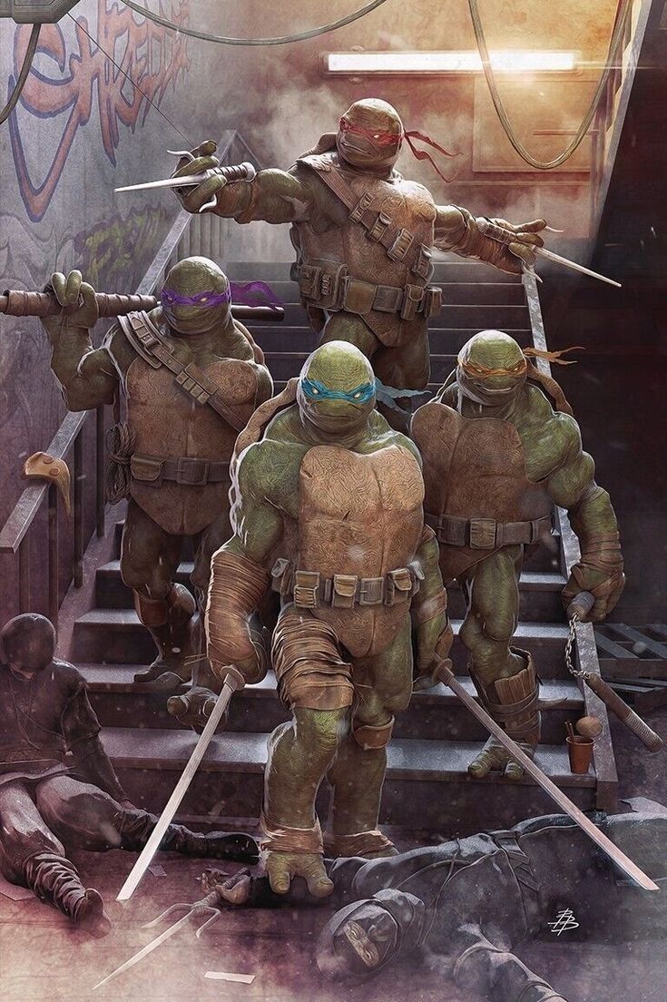 the teenage mutant ninja turtles, four humanoid turtles who are trained in martial arts and trained to fight crime, are depicted in an actionpacked scene, with the turtles positioned on a set of stairs with bodies sprawled out on the ground and a lot of smoke surrounding the figures. the scene is set in an urban environment, with graffiti on the walls in the background.