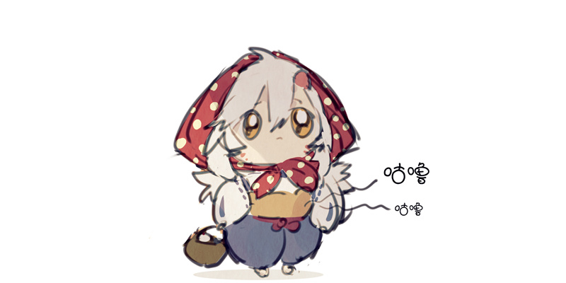 an animestyle drawing of a small, young girl with white hair and large, brown eyes. she is wearing a red hood with white polka dots, and she is smiling. her outfit is white and blue, and she is holding a brown basket. she is standing on a white background. there are several small, circular drawings near the girl's right, suggesting she is walking on air. the artwork is whimsical and adorable.