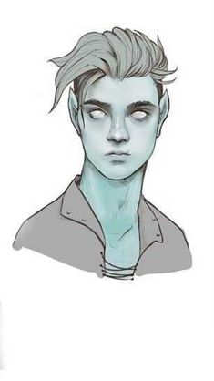a bust portrait sketch of a male elf with pale blue skin, white hair, and pointed ears. he wears a simple tunic with a laced neckline. the style is reminiscent of fantasy illustration and concept art.