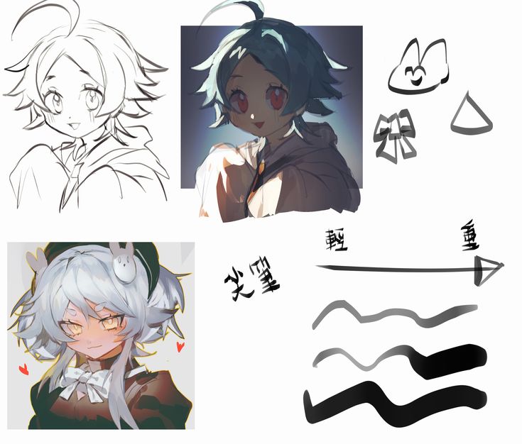 this image is a collection of animestyle character illustrations, sketches, and line art. it features a young female character in various stages of completion, from simple sketches to more finished illustrations.  the illustrations showcase a variety of styles and techniques, including line art, digital painting, and shading.  the image also includes some basic shapes and elements, like bows and hearts.  there are some text labels in a foreign language (presumably japanese) in the image that refer to the different stages of the drawing process. overall, this image is a great example of the diversity and creativity of animestyle art.