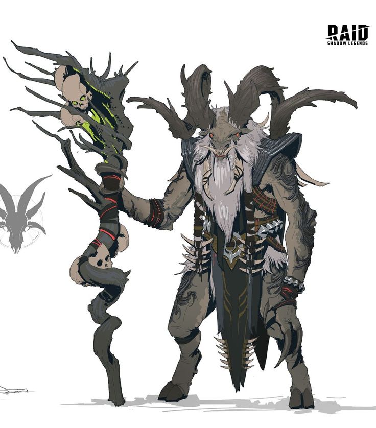 a demonlike creature, with long horns, a long white beard, and a staff made of skulls and bones. he is wearing dark, tattered clothing with sharp protrusions, and has a look of rage on his face. the character is  likely from the video game raid: shadow legends.