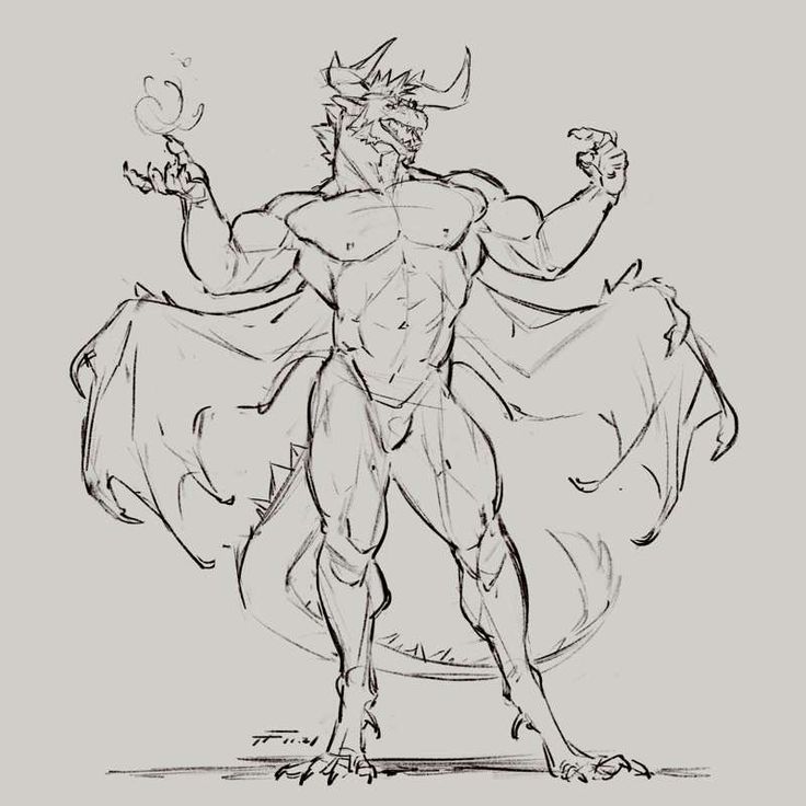 the image is a dynamic black and white sketch or drawing of a muscular, anthropomorphic dragon. the dragon is male, humanoid in form with the upper body of a man and the lower body and wings of a dragon.  he is depicted standing confidently, with one hand raised as if casting a spell or manipulating a small flame. he wears a large cape or cloak that flows around him, suggesting movement. the style is expressive and somewhat rough, indicative of a sketch or concept art, emphasizing musculature and the fluid lines of the dragon's body and wings.  the overall impression is one of power and magic.