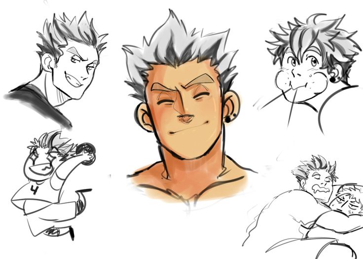 this is a drawing of several animestyle characters. the main character is a young man with white hair and a tan complexion. he is smiling and has a relaxed expression. there are several smaller images of the character in different poses and expressions, some with other characters. all the characters have a similar style and are drawn in a simple, cartoonish style. the drawing is done in black and white with some shading.