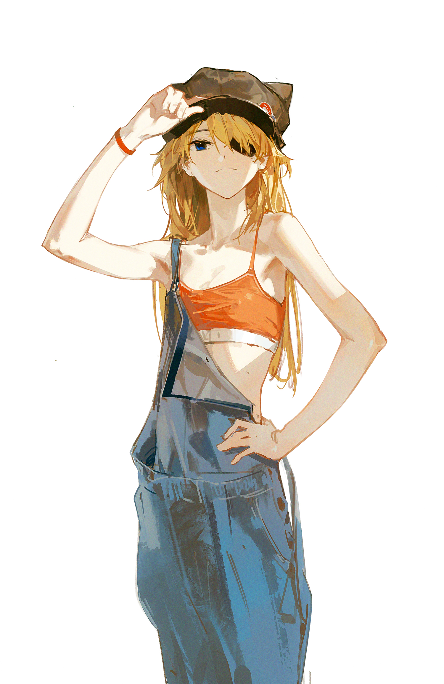 a young woman with long blonde hair and a black cap on, wearing a orange bra and blue overalls stands with one hand on her chin and the other holding the edge of her hat, looking at the viewer. the background is white and the image is a digital illustration.
