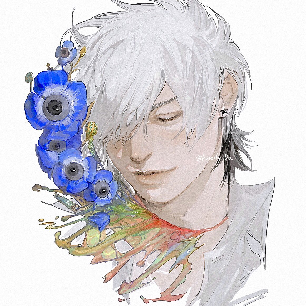 this is a digital drawing of a young man with white hair. his eyes are closed and his head tilts slightly down. there's a splash of colorful paint on his neck and shoulder. a stem of blue anemones, accompanied by small mushrooms, crawls up the side of his face.