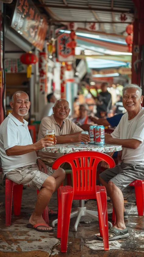 our elderly asian men are sitting at a small table outside a street food stall in what appears to be malaysia.  they are drinking beer from cans and appear to be enjoying each other's company. the setting is casual, with red plastic chairs and a simple table.  chinese lanterns and signage are visible in the background, suggesting a vibrant, bustling atmosphere.  the men are dressed casually in shortsleeved shirts and shorts. the overall mood of the image is one of relaxed friendship and enjoyment of a casual outing.