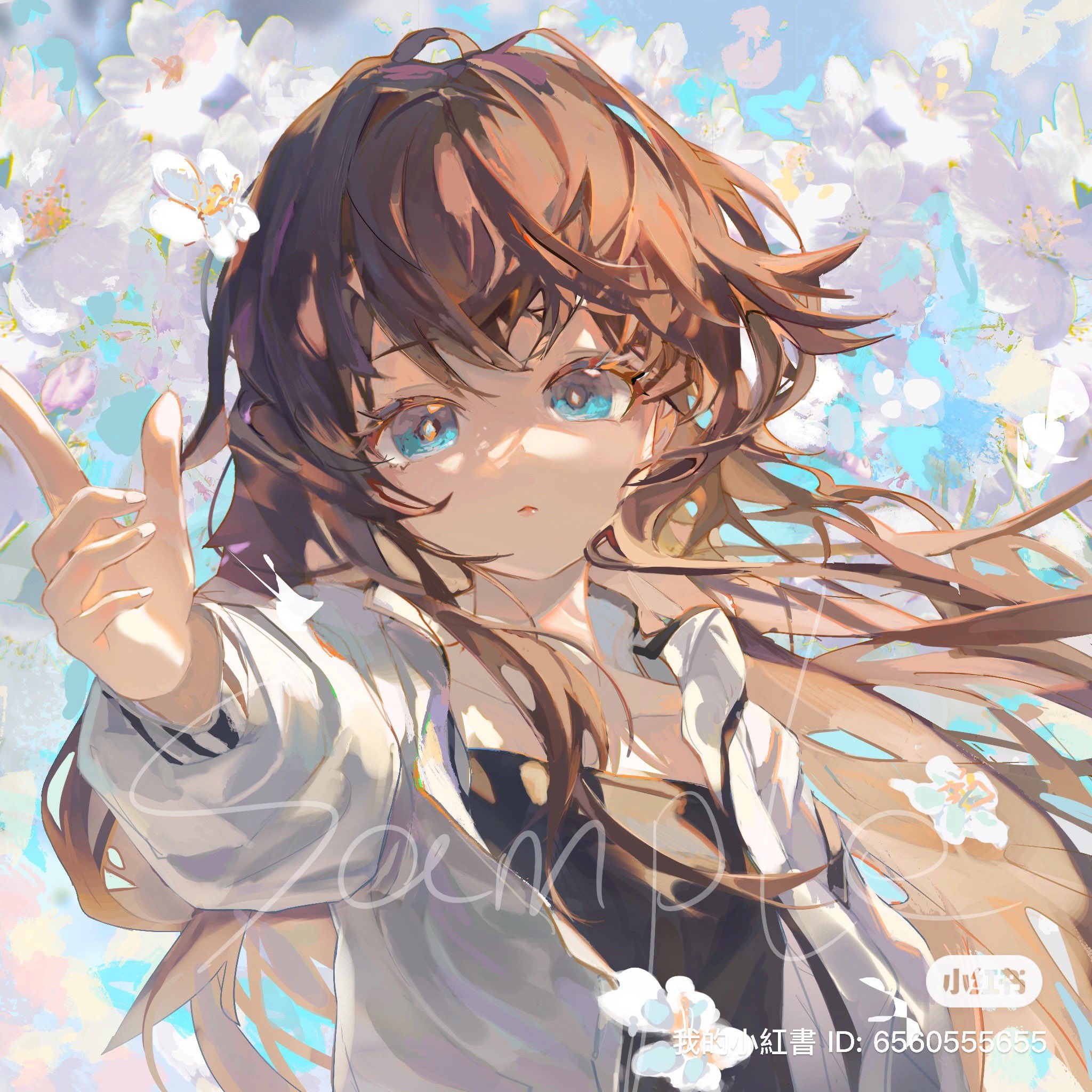 a digital illustration of an anime girl with long, flowing brown hair and bright blue eyes. she is wearing a white jacket over a black shirt and is pointing her finger outwards. the background features white flowers and a soft, lightfilled atmosphere.