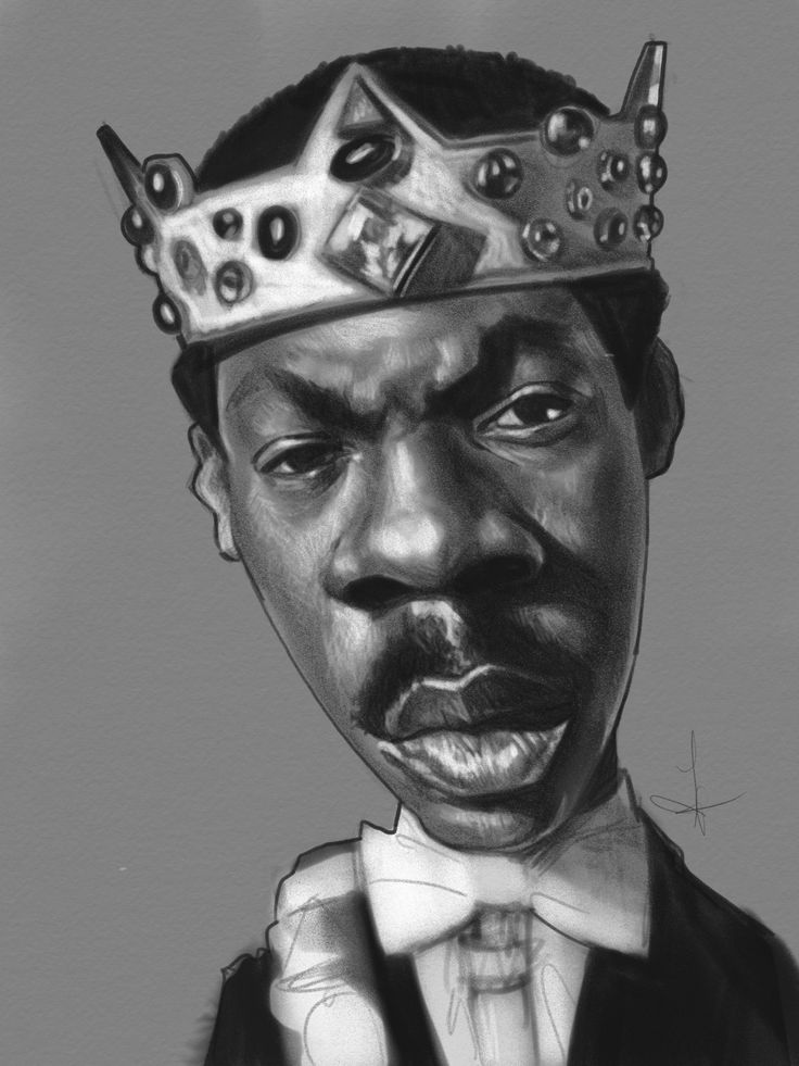 a black and white drawing shows a man wearing a crown. the man is looking forward with a serious expression. the drawing is a caricature, exaggerating the man's features. he is wearing a suit. it looks like eddie murphy as prince akeem from the movie coming to america.