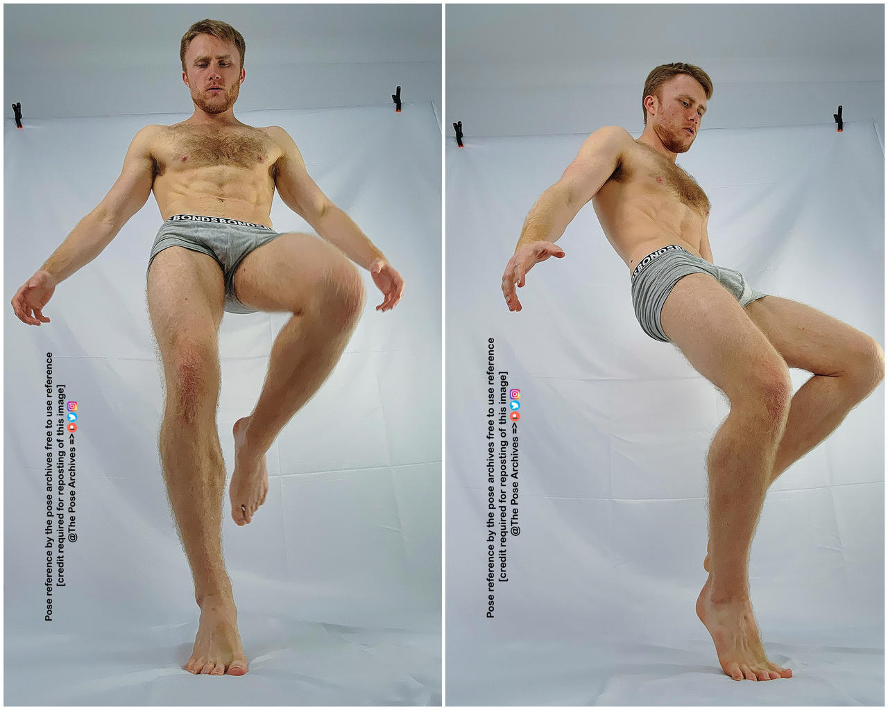 the image shows two slightly different poses of the same man, standing on a white background, wearing only underwear. he is looking straight ahead in the first pose and slightly to the side in the second. the lighting is soft, highlighting his physique for artistic reference. the overall composition seems designed for figure drawing practice.