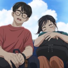 two anime characters, a young man and woman are sitting next to each other. the woman is sleeping against the man, who looks on with a content yet tired expression.  they appear to be on a train as suggested by the bench seating and window view of a bright blue sky with fluffy clouds.