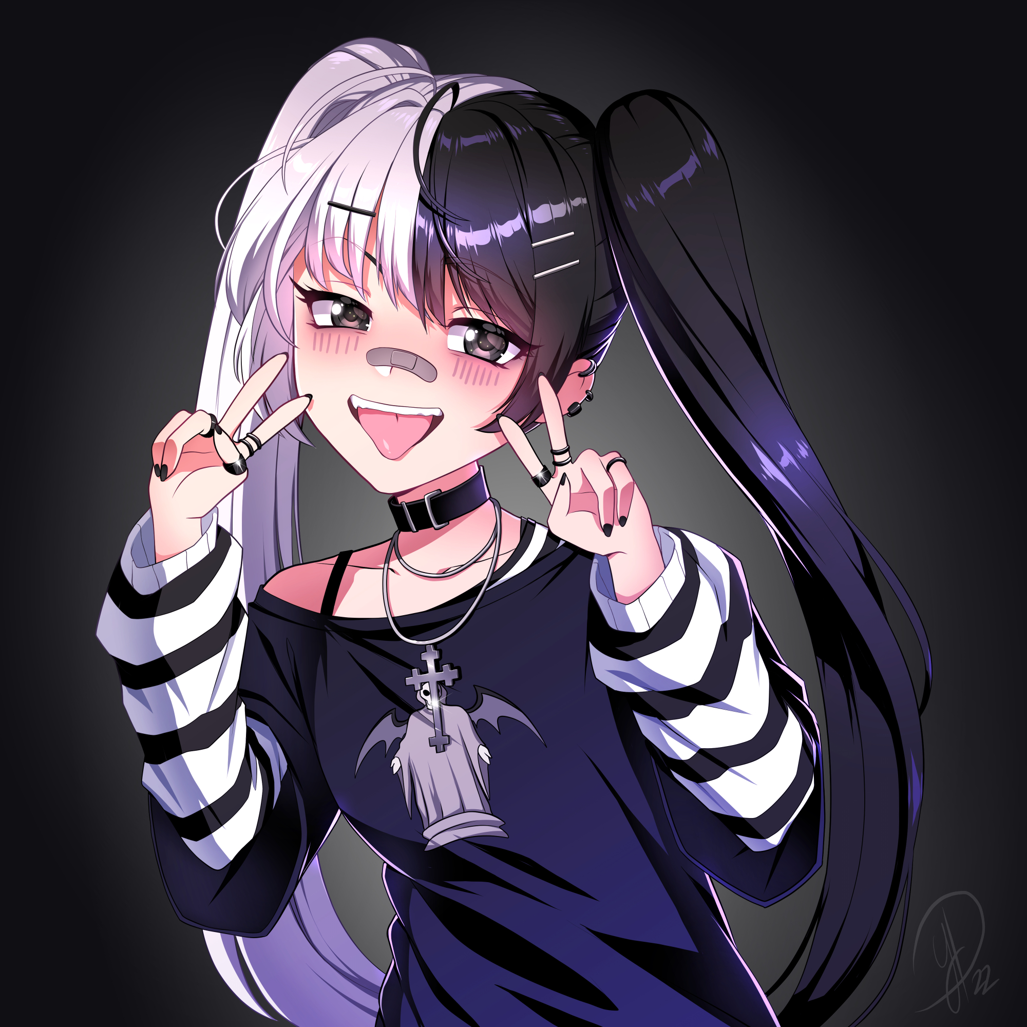 this is a drawing of an anime girl with half white hair and half black hair. she is wearing a black and white striped shirt, and her hair is pulled back into two long pigtails. she is smiling with her tongue out, giving a peace sign with her right hand. she has a black choker with a silver cross necklace and wears multiple rings and earrings.
