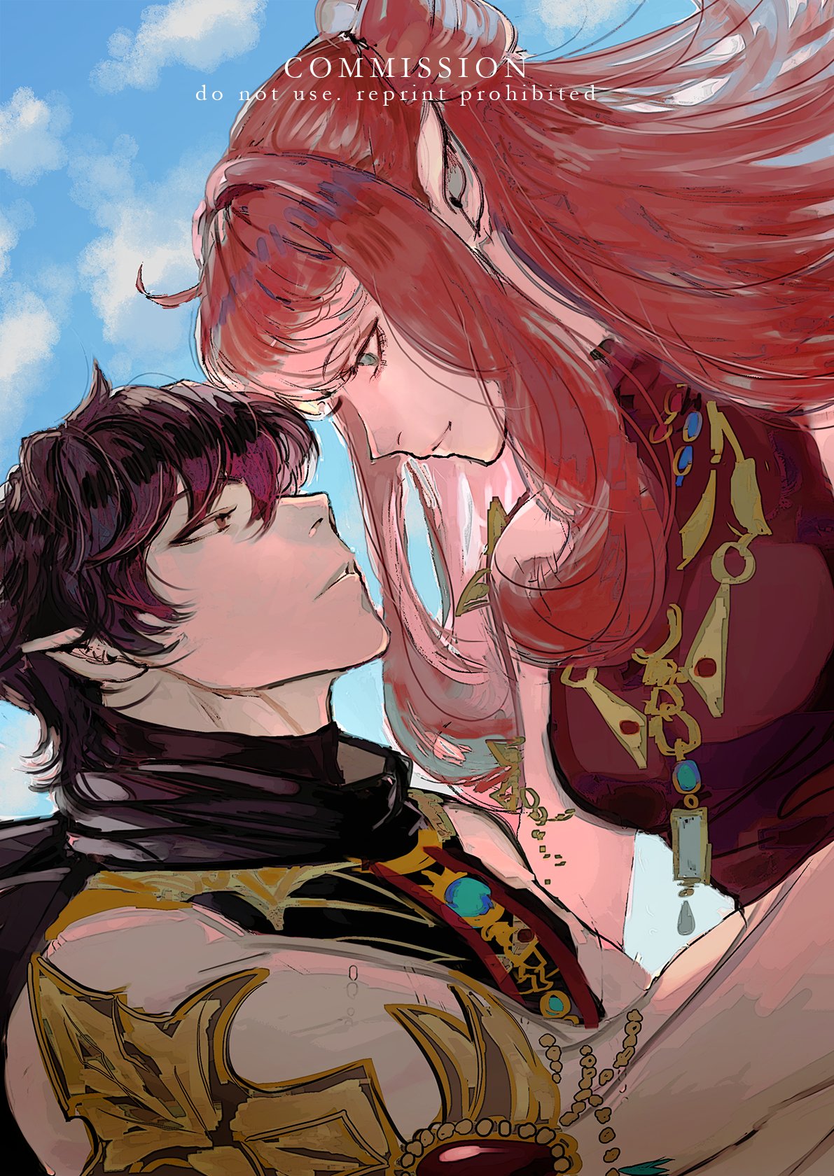 this is a digital illustration of an anime couple. the woman has long red hair and is wearing a red and gold outfit with a lot of jewelry. the man has black hair and is wearing a black and gold outfit with a chestplate. they are looking into each other's eyes with a loving expression on their faces.  the background is a blue sky with white clouds. the image has a romantic and fantasy feel to it.