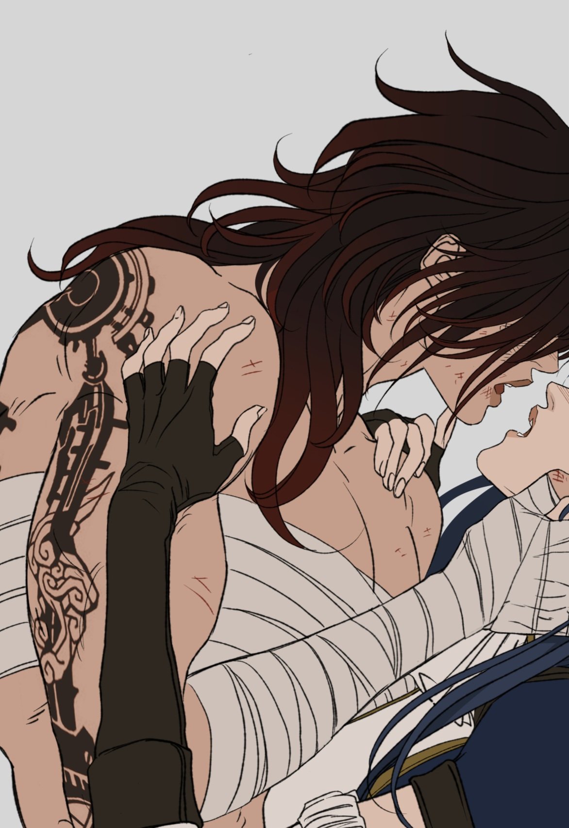 artwork of two seminude males embracing and about to kiss. one male has brown hair, a tattoo on his left arm, bandages around his torso, and multiple scars on his body. the other male has blue hair. one male is touching the other's face with his left hand.