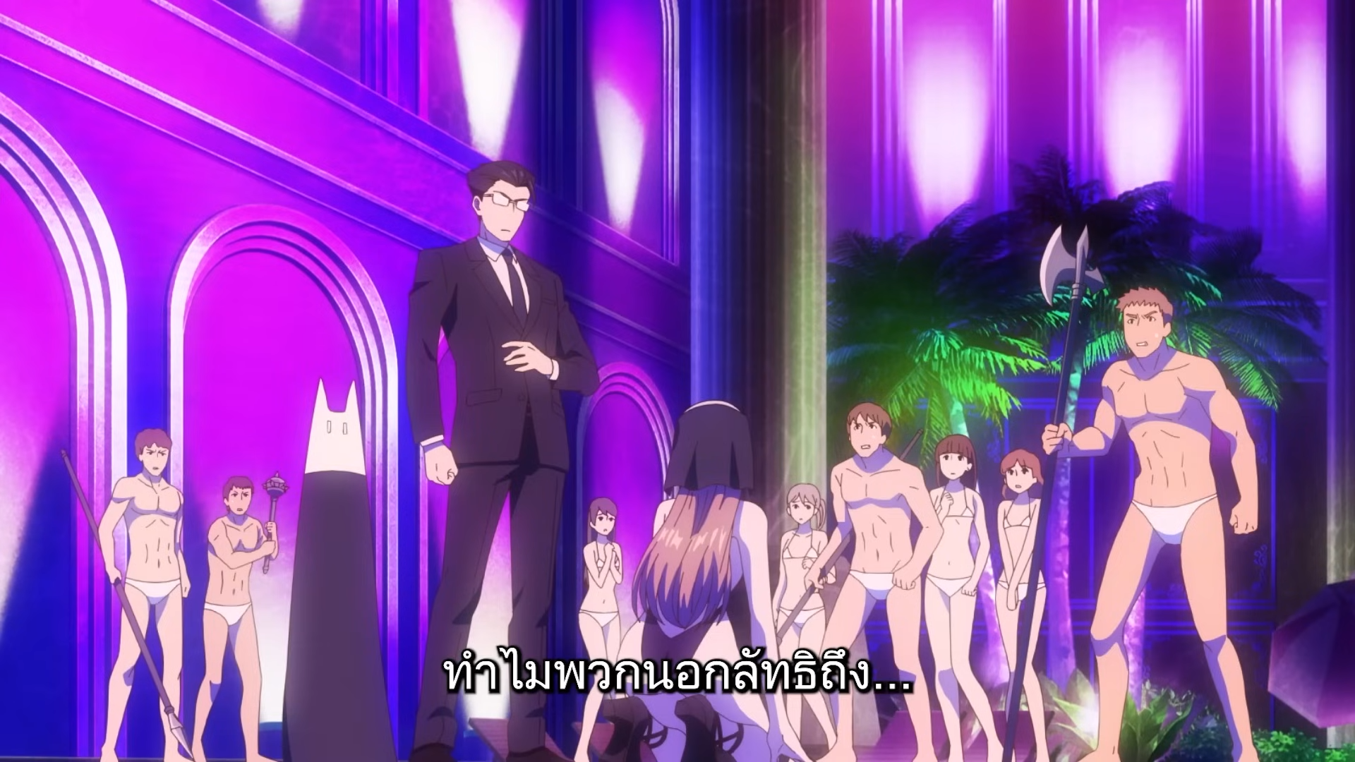 the image appears to be a screenshot from an anime, likely a comedy or harem genre. it depicts an awkward situation on a stage with vibrant purple lighting. a group of young women stand awkwardly in the center, scantily clad, while muscular men in white underwear flank them. a businessman in a suit stands confidently in front, seemingly in charge of the bizarre situation. the audience perspective and the expressions of the women suggest an embarrassing or comedic performance.