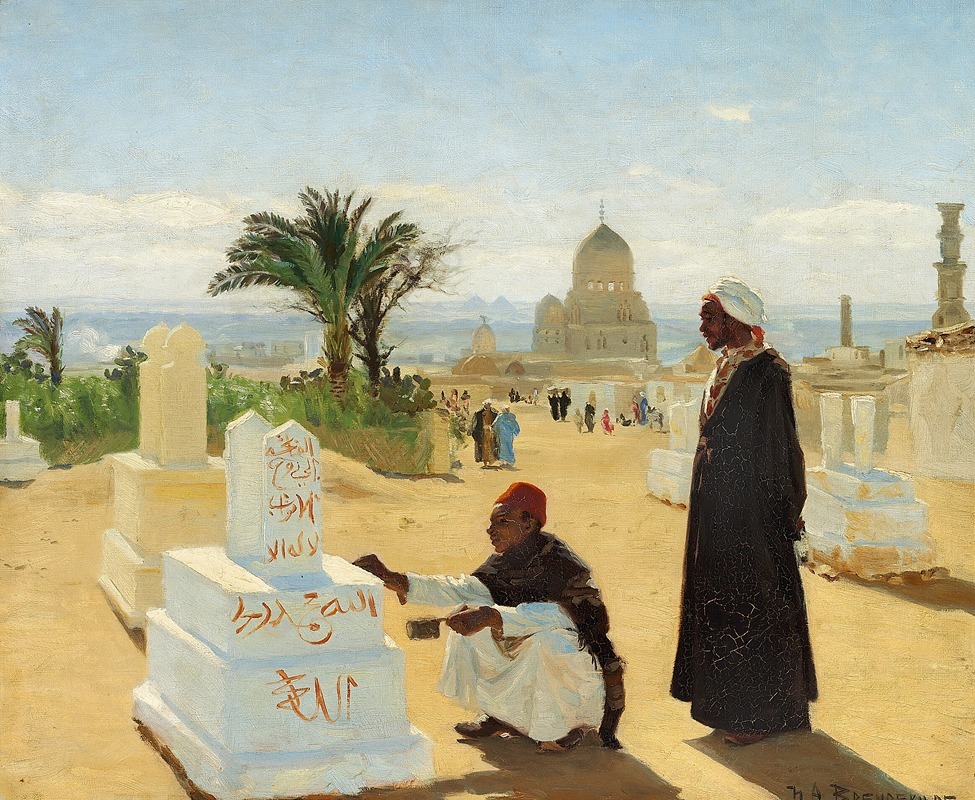 the painting shows a cemetery with two men. one man is standing and wearing a white turban and a long black robe. the other man is kneeling and wearing a red fez and white robe. he is using a tool to inscribe arabic script onto a white grave stone. other grave stones are visible in the foreground, and a mosque is visible in the background. people are walking in the distance. the scene is lit by sunlight.