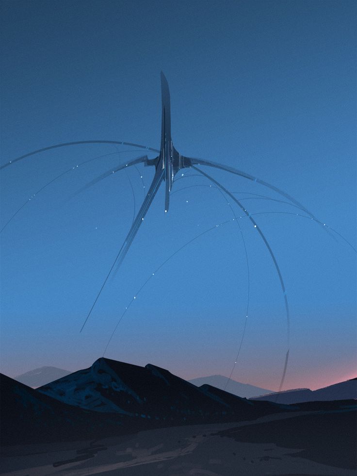 a sleek, multilegged spaceship hovers in the twilight sky above a stark, mountainous desert landscape. the scene is bathed in the soft, ethereal light of dusk, creating a sense of mystery and wonder.