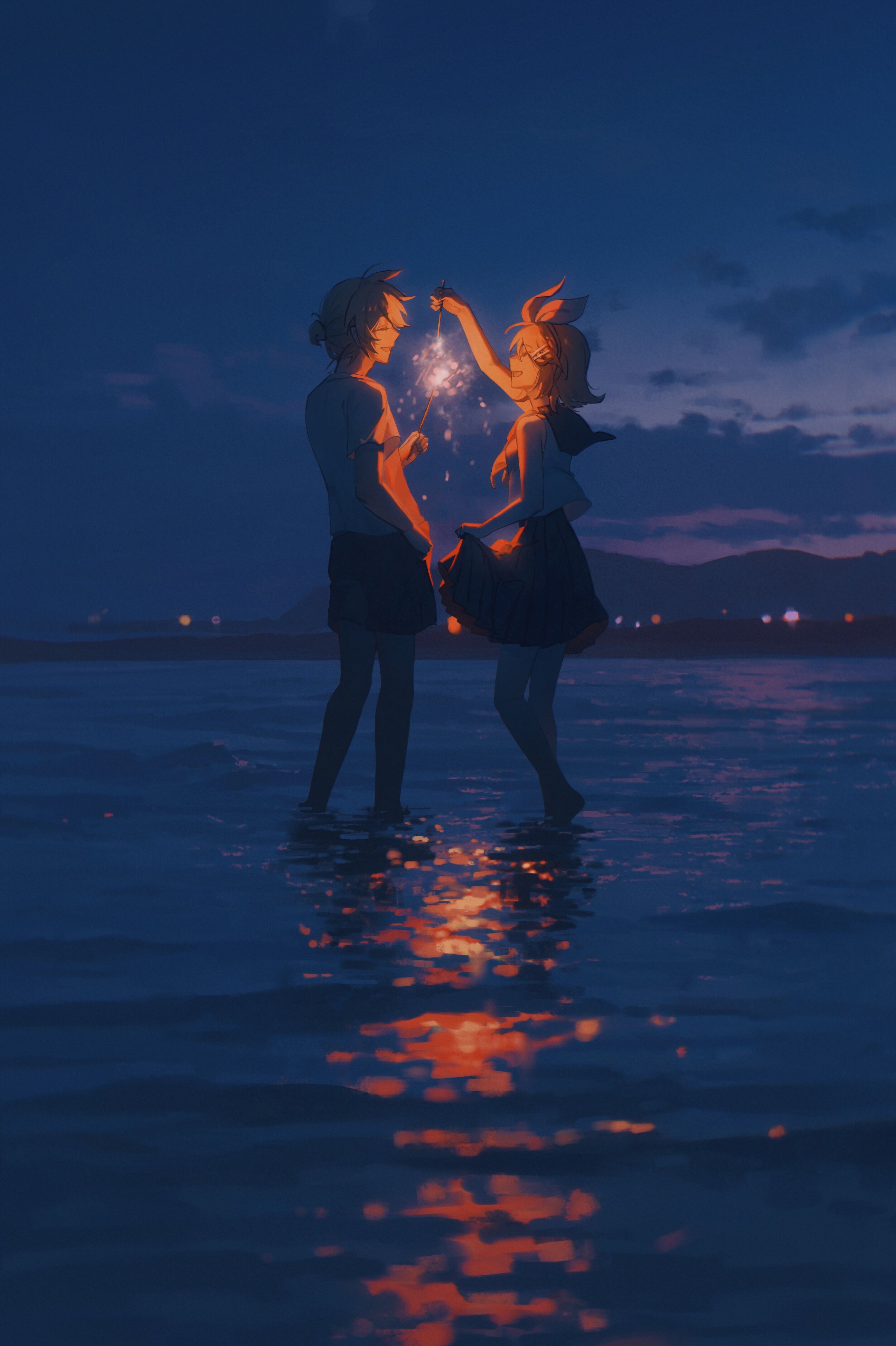 two animestyle characters, a boy and a girl, stand in the ocean at night, holding a lit sparkler between them. the water reflects the light of the sparkler, creating a trail of shimmering orange down the image. the sky is a dark blue, indicating dusk or twilight, with faint mountain silhouettes visible in the distance. the overall mood is romantic and peaceful.