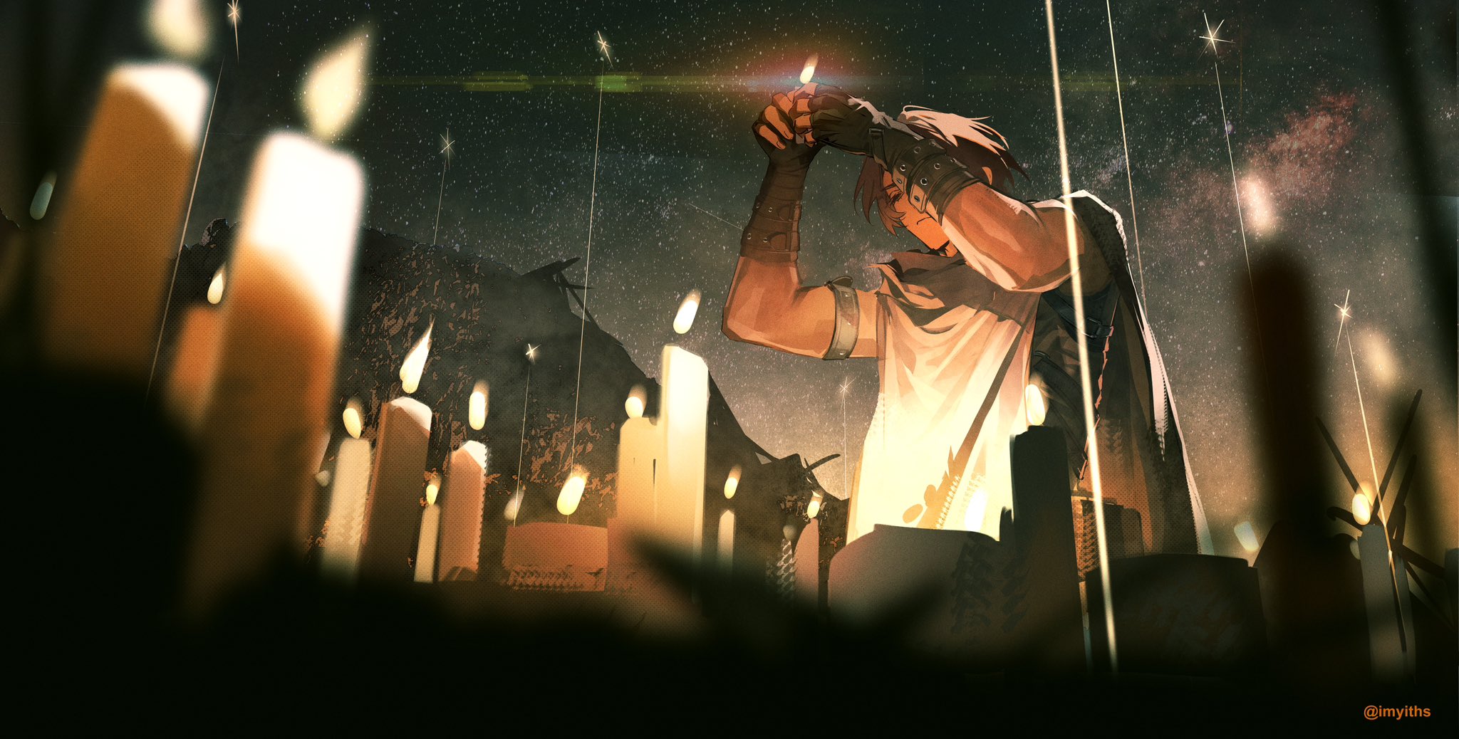 the digital painting showcases a young man, possibly a fantasy character, in the act of lighting a candle. he stands prominently in the foreground, his figure slightly obscured by the dark atmosphere. his attire suggests a fantasy setting, with a hooded cloak and arm guards, which blend seamlessly with the overall composition.  surrounding him are numerous candles illuminating the scene, adding to the mystical quality. the backdrop features a night sky filled with stars, increasing the enchanting aura. the color palette is predominantly warm tones, with oranges, browns, and yellows dominating, creating a feeling of both mystery and serenity.  the overall mood suggests a reflective or contemplative moment, imbued with a strong sense of fantasy.