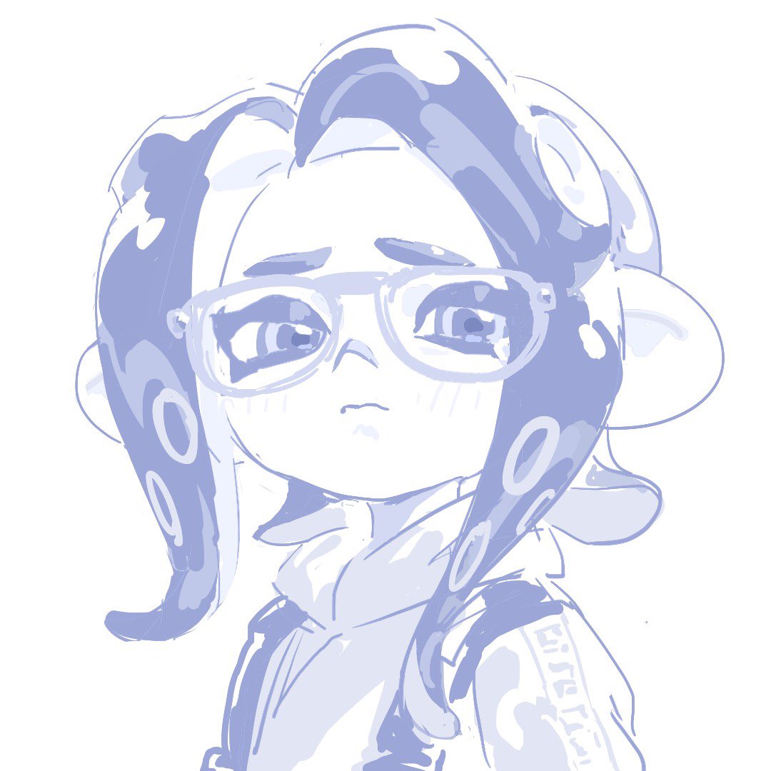 a digital illustration of a young cartoon girl wearing glasses, a white jacket, and with her long blue hair in two long braids. she is looking down to her left, and her expression is sad and innocent.