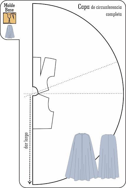 the image shows a sewing pattern for a circular cape. it illustrates how to create the cape using a circle and a base pattern, along with instructions to determine the length ("dar largo"). it also includes example images of what the finished cape might look like.