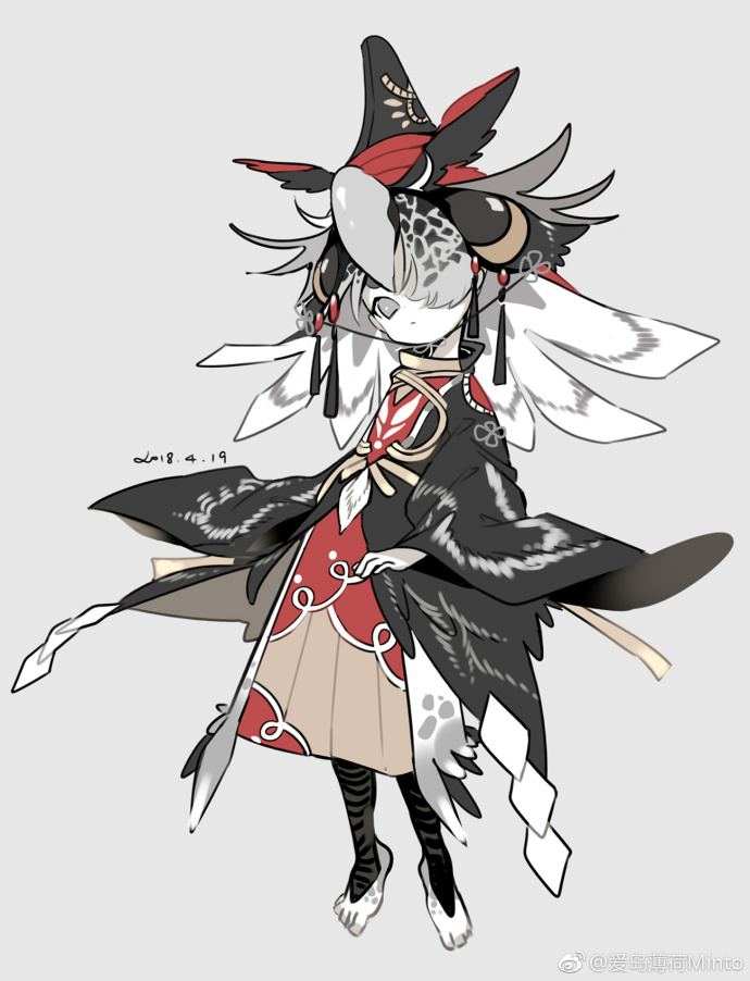 a digital illustration features a birdlike humanoid figure adorned in a striking black and red kimono. the figure, with its white feathers accented by black markings, stands against a neutral gray background, its gaze directed slightly downwards. the character's attire, a blend of black and red fabrics, flows gracefully around its form, emphasizing movement. a long, pointed hat, reminiscent of a bird's beak, sits atop its head, completing the avianinspired aesthetic. the illustration's soft lighting enhances the character's delicate features and the intricate details of its clothing.