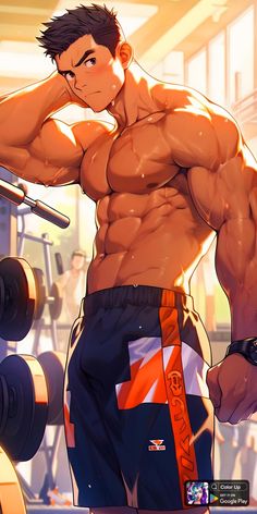 a digital sketch of a muscular anime man at the gym. he is dressed in workout clothes and glistening with sweat. the perspective is from a low angle, highlighting his physique.