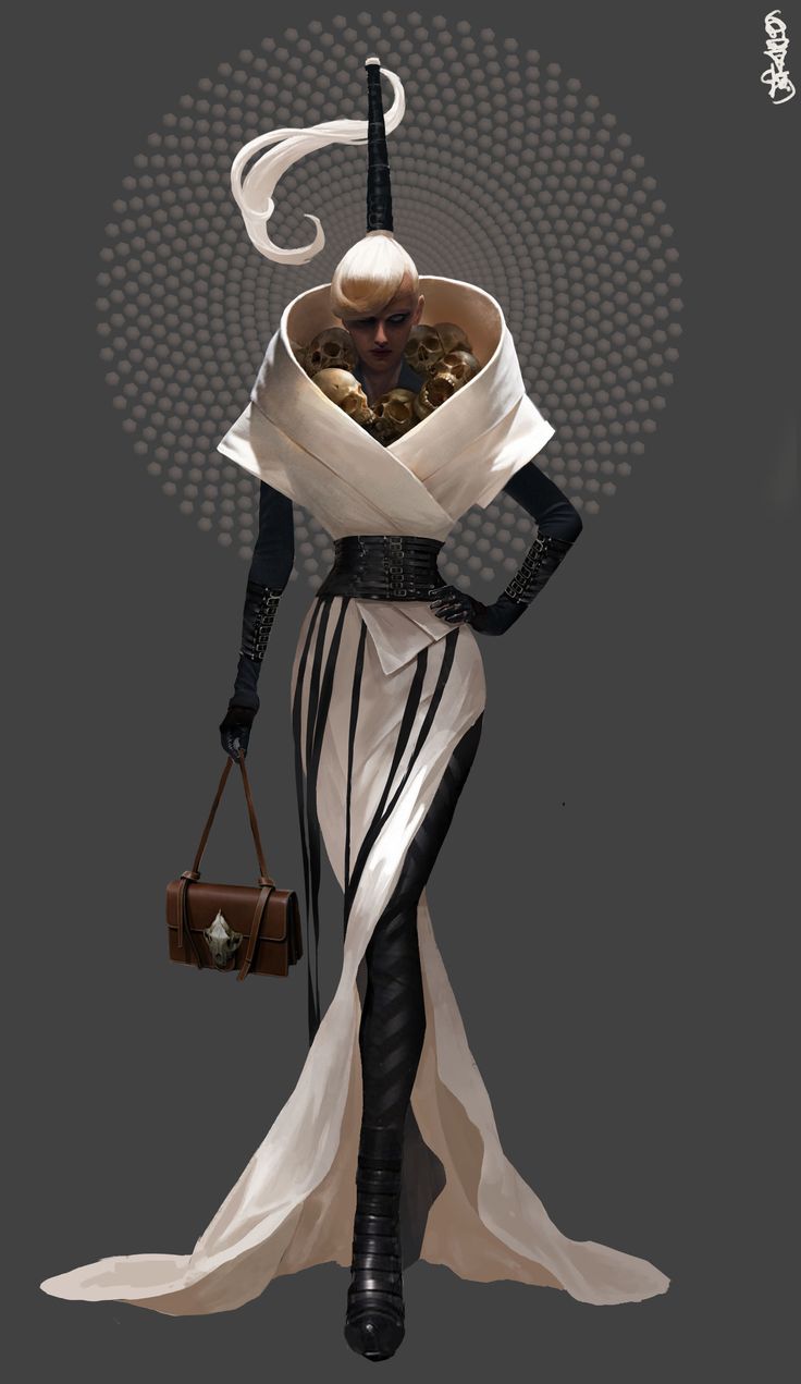 an illustration of a fashionably dressed woman with a white dress, black boots, and a skull accessory. she has a handbag on her arm. the image has a futuristic and fantasylike aesthetic.