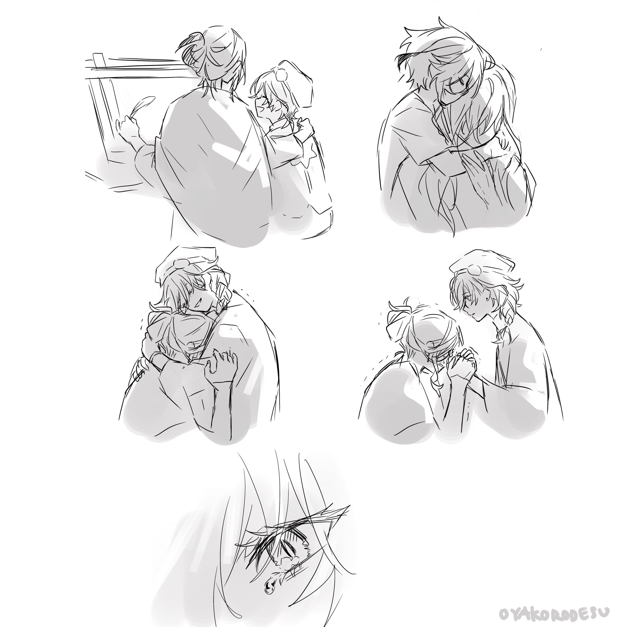 this is an illustration of a couple in an anime style. there are six panels depicting different moments of their relationship. the panels are in black and white and are drawn in a rough, sketchy style. the first panel shows the couple, both wearing glasses, holding hands while standing on a wooden platform. the second panel shows the couple in a tender embrace. the third panel shows the couple as they are both crying. the fourth panel shows the couple holding hands and the woman looking downwards and crying while the man looks at her. the fifth panel shows a woman's face close up as she cries with a tear on her cheek. the sixth panel shows the couple's legs, the man's are drawn with a red heart around them as if to symbolize his love. the couple's relationship is sweet and romantic, and the art is beautiful and expressive.