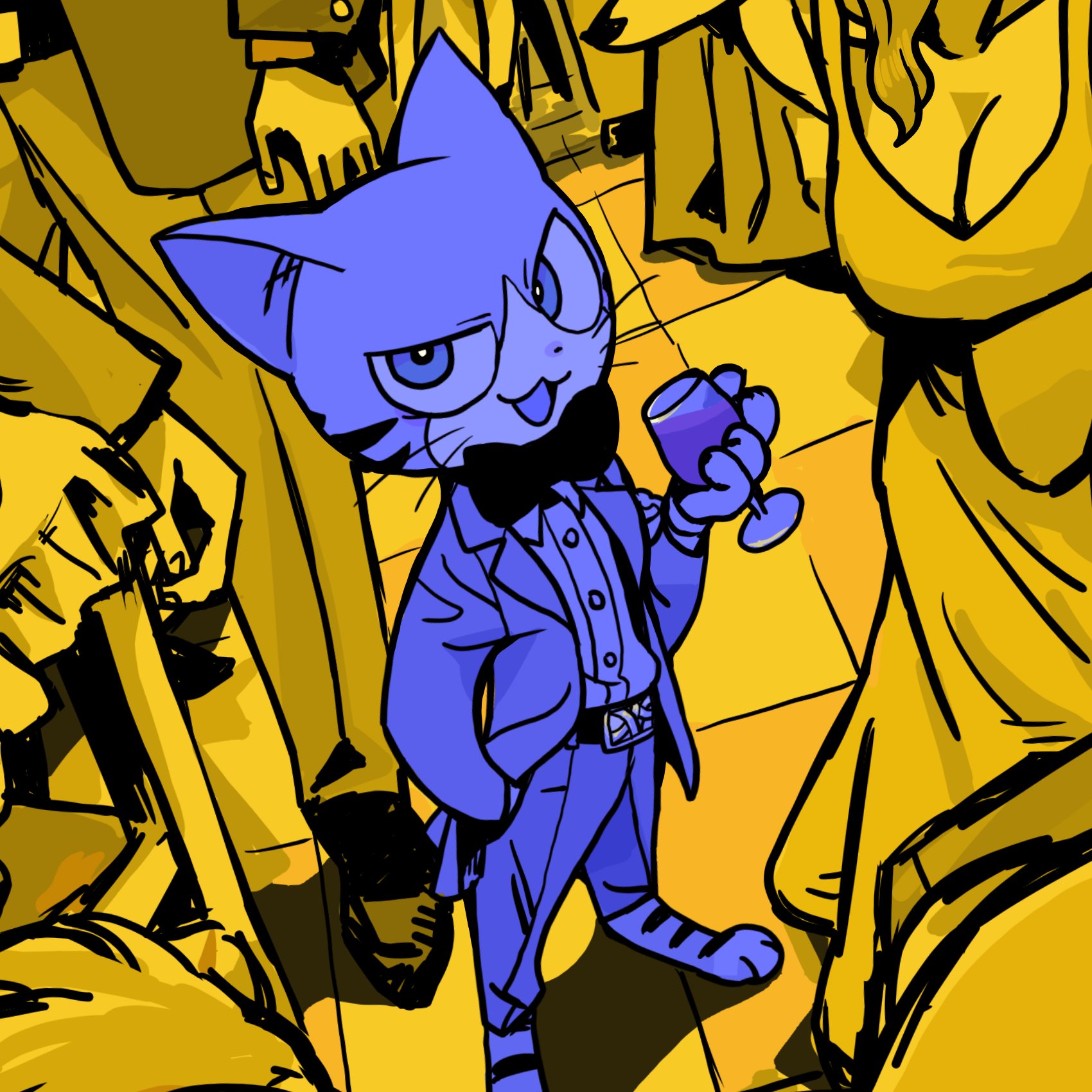 a blue cartoon cat wearing a tuxedo, holds a glass of wine and smiles as he stands in the middle of a yellowcolored party scene with other people who are out of focus.