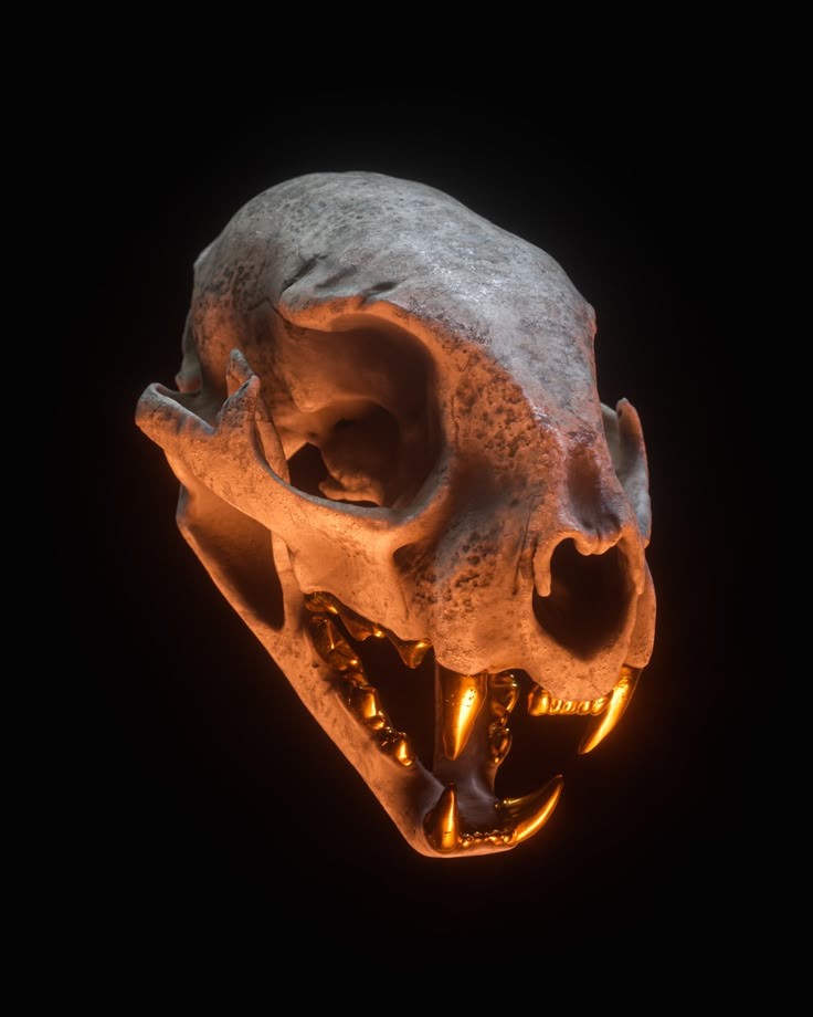 a 3d render of an animal skull with glowing gold teeth isolated on a black background.
