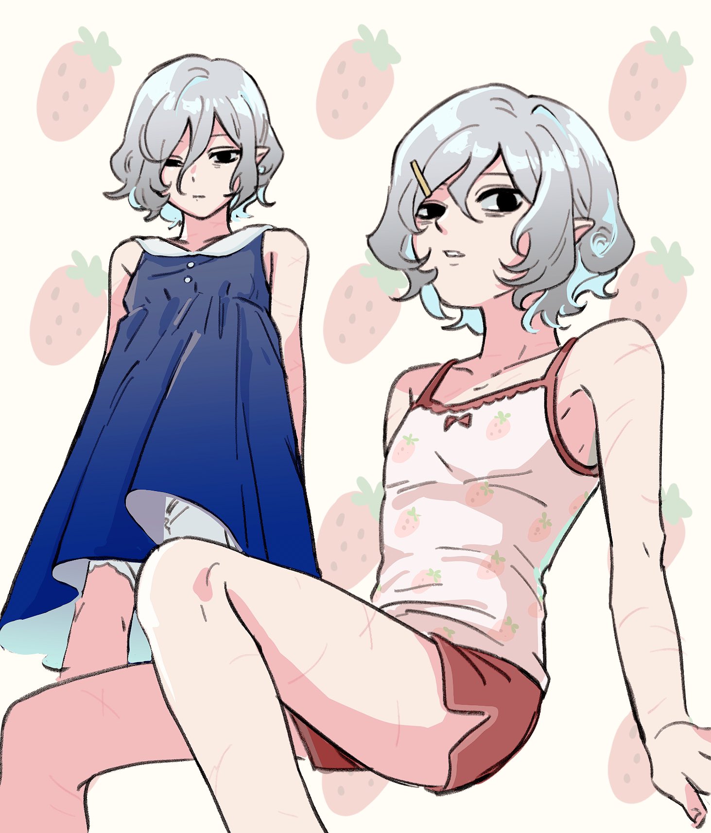 he image contains a drawing of an animestyle girl. the girl has pale skin, short, light gray hair, and is depicted in two different outfits. in one, she wears a blue dress, and in the other, she's in a light pink pajama top with red shorts.  both outfits have a subtle strawberry print. the background features small, repeated strawberry images. the girl's legs and arms show some faint scars.  the style is loose and sketchy, rather than highly detailed.
